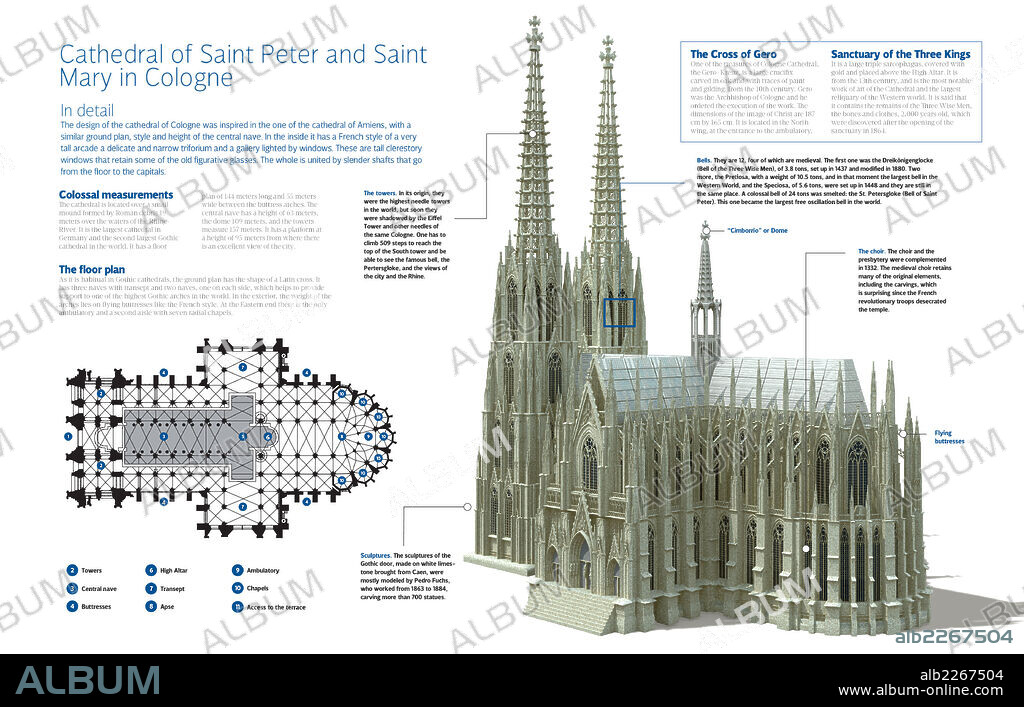 Cathedral of Saint Peter and Saint Mary in Cologne. Infographic of the High Cathedral of Sts. Peter and Mary in Cologne (Germany), of Gothic style and dedicated to St. Peter and St. Mary. Its construction started in 1239 and was finished in 1880.