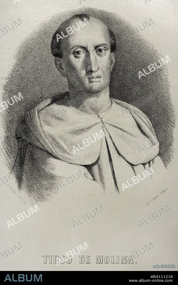 Tirso de Molina, pseudónimo de Gabriel Téllez (1579-1648). Dramaturgo, poeta y narrador español del Barroco. Dibujo por J. Cebrián. Litografía. Crónica General de España, Historia Ilustrada y Descriptiva de sus Provincias. Castilla-La Nueva, 1869. Biblioteca Histórico Militar de Barcelona, Cataluña, España.