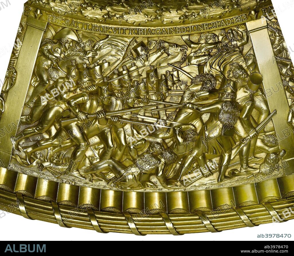 Scene from the Battle of Vitoria, Spain, 1813 (1822). One of the panels around the rim of the Wellington Shield from the Wellington Museum, Apsley House, London.