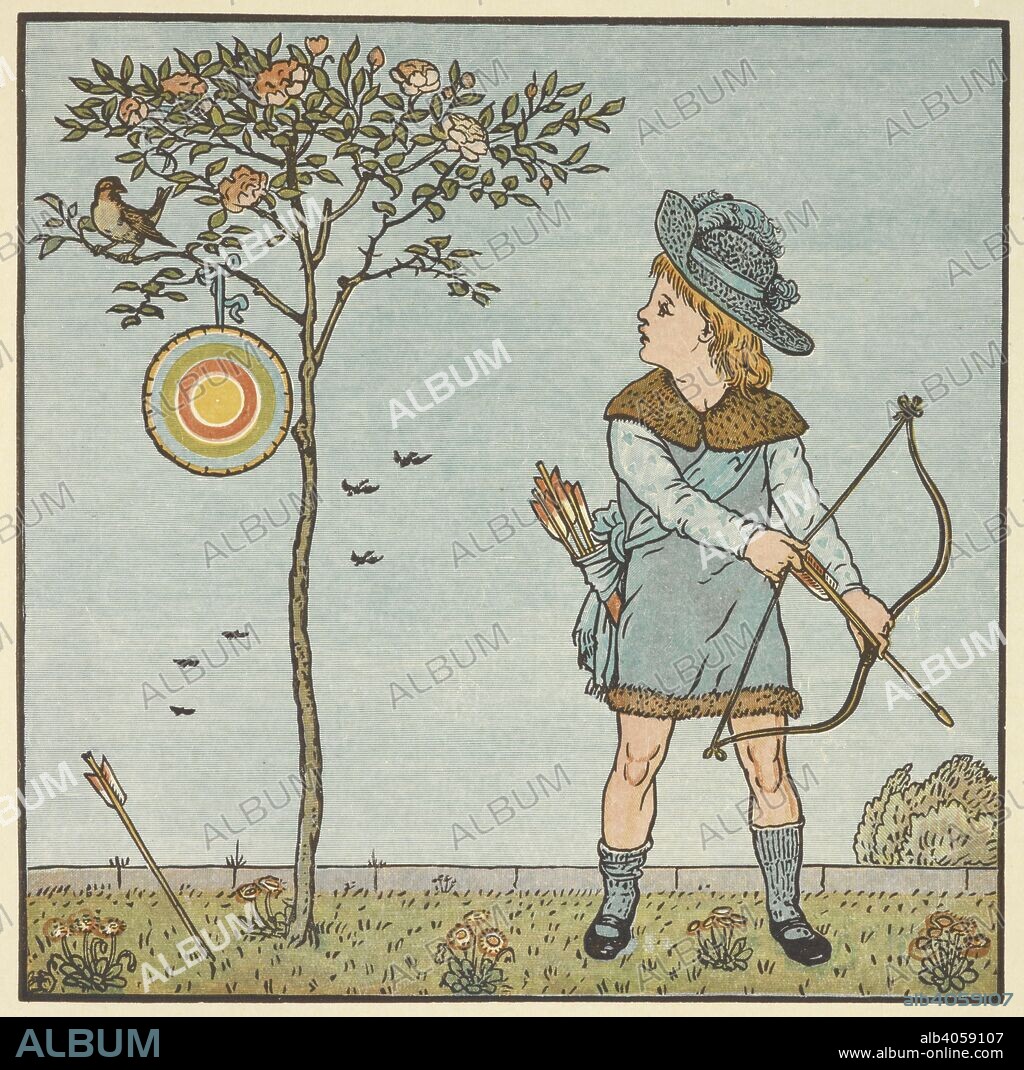 WALTER CRANE. Colour illustration for 'the little cock sparrow'. A little boy with a bow and arrow, about to shoot at a bird in a tree. A nursery rhyme. Triplets. Comprising, The Baby's Opera, The Baby's Bouquet, and The Baby's Own Ã†sop. With the original designs in colour by W. Crane, etc. London : G. Routledge & Sons, 1899. Source: K.10.a.25 page 101.