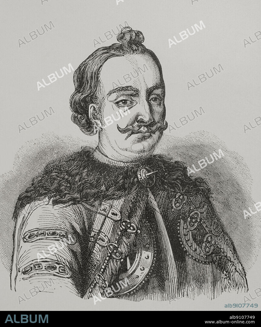 Imre Thököly (1657-1705). Hungarian nobleman who for a short period founded the Principality of Upper Hungary (1682-1685). In 1690 he became Prince of Transylvania. Portrait. Engraving. "Los Heroes y las Grandezas de la Tierra" (The Heroes and the Grandeurs of the Earth). Volume VI. 1856.