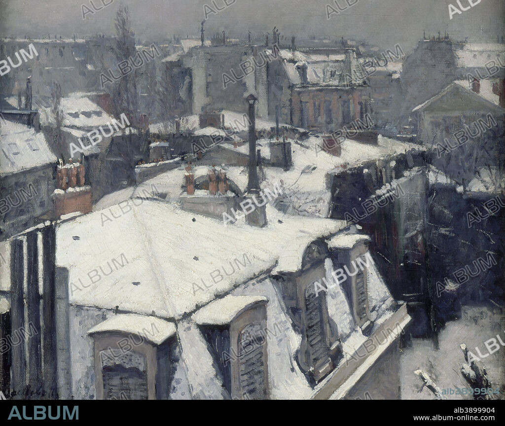 GUSTAVE CAILLEBOTTE. Vue de toits (effet de neige) Rooftops in the Snow (snow effect). Date/Period: 1878. Painting. Oil on canvas. Height: 640 mm (25.19 in); Width: 820 mm (32.28 in).