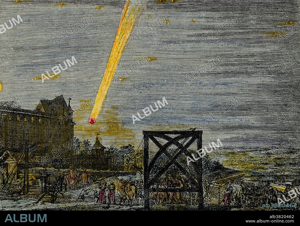 Great Comet of 1680 over Nuremburg. Print from a contemporary broadsheet depicting a comet appearing over Nuremberg in December 1680. This was one of the brightest comets of the 17th century, and had a spectacularly long tail. It reached peak brightness on 29 December 1680. It is also known as Kirch's Comet, after the German astronomer Gottfried Kirch (1639- 1710), who discovered it on 14 November 1680. The comet was also used by the English astronomer and physicist Isaac Newton to test and verify Kepler's laws of planetary motion. Modern astronomers designate the comet as C/1680 V1.