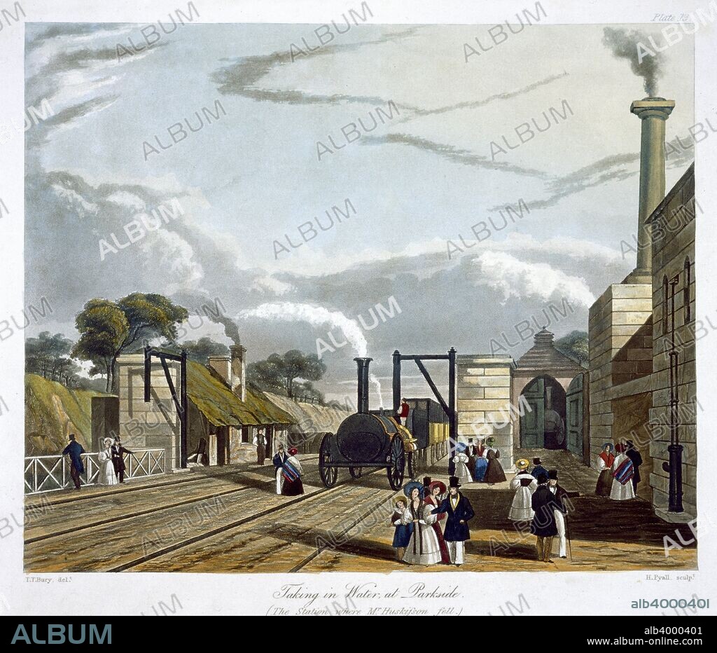 'Taking in Water at Parkside', Liverpool and Manchester Railway, 1833. The world's first intercity railway, the Liverpool & Manchester Railway opened on 15 September 1830. Parkside is famous for being the station where William Huskisson MP was injured during the opening of the Liverpool and Manchester Railway. After alighting from the 'Northumbrian', which had stopped to take in water, Huskisson was struck by another locomotive and later died from his injuries. Plate 13 from Coloured view of the Liverpool & Manchester Railway. (London, 1832-1833).