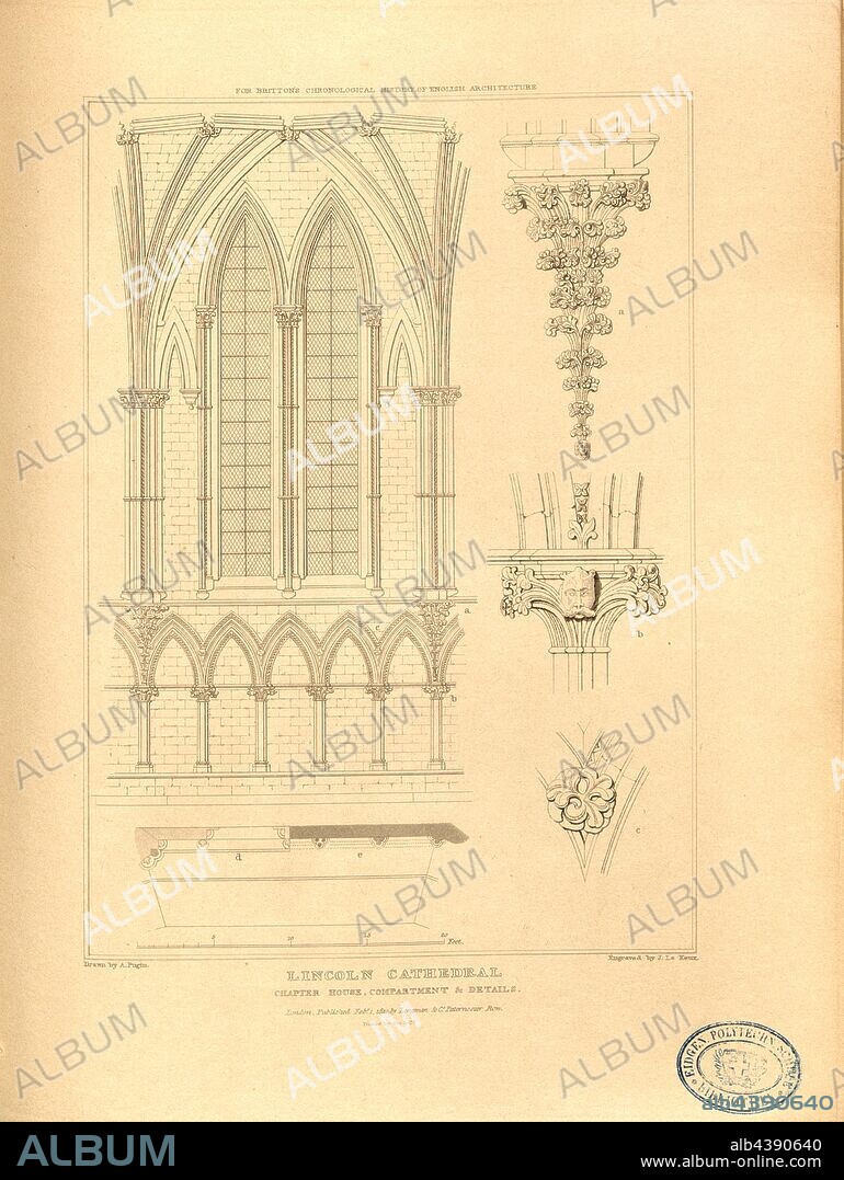 Lincoln Cathedral, chapter house, compartment, Lincoln Cathedral, Lincolnshire, signed: Drawn by A. Pugin; Etch'd by J. Le Keux; Published by Longman & Co, Fig. 54, p. 260, Pugin, Augustus Charles (drawing); Keux, John Le (etching); Longman & Co. (published), 1820, John Britton: The architectural antiquities of Great Britain: represented and illustrated in a series of views, elevations, plans, sections and details of various ancient English edifices: with historical and descriptive accounts of each. Bd. 5. London: J. Taylor, 1807-1826.