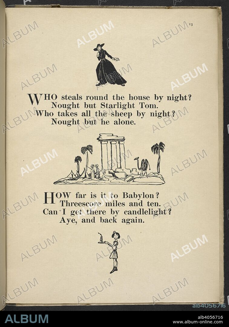 CLAUD LOVAT FRASER. 'Who steals round the house by night?'. Nursery Rhymes,  with pictures by C. L. Fraser. London : T. C. & E. C. Jack, [1919]. Source:  12800.ddd.31 page 1 - Album alb4056716