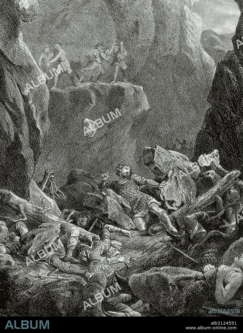 Charlemagne campaign in the Iberian Peninsula. The Battle of Roncevaux Pass in 778. Death of Frankish military leader Roland and his men, killed by rebellious Basques in August 15, 778. Engraving. "Historia de Espan_a", 19th century.