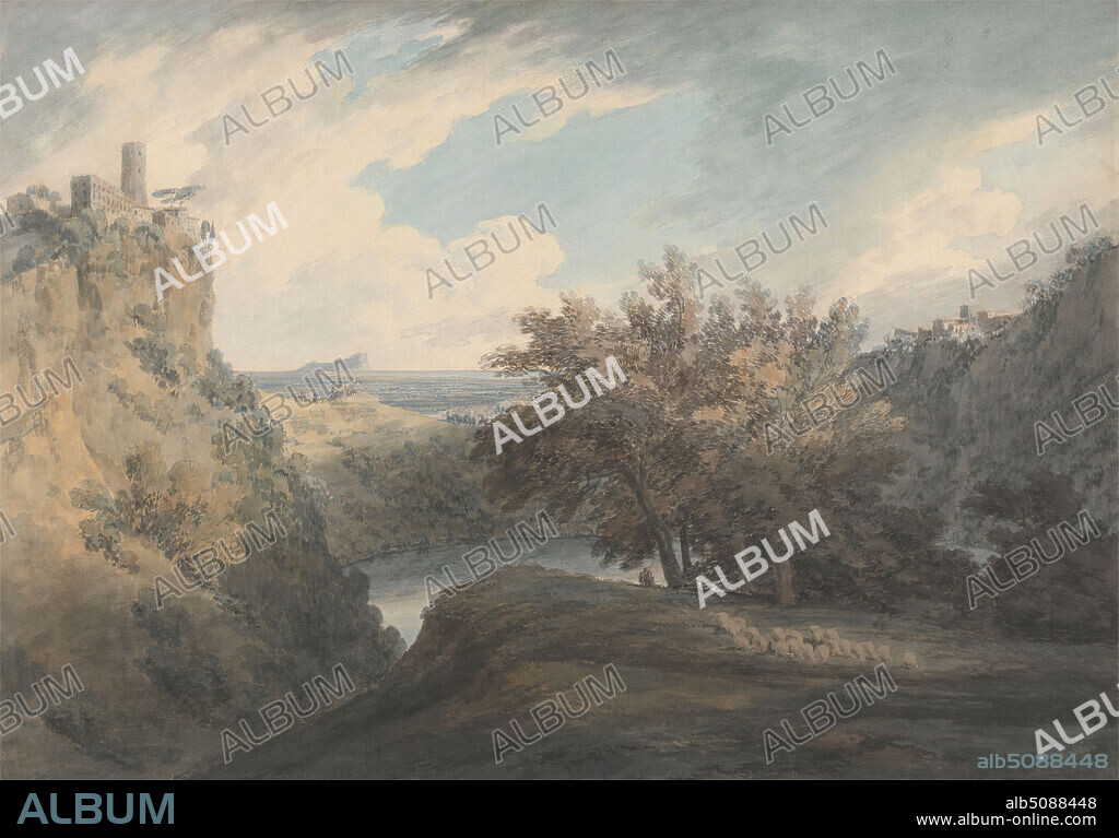 The Lake of Nemi, John Robert Cozens, 17521797, British, between 1783 and 1785, Watercolor and graphite on medium, slightly textured, cream wove paper, Sheet: 14 5/8 x 21 1/8 inches (37.1 x 53.7 cm), buildings, cliffs, clouds, Grand Tour, landscape, sheep, shepherds, trees, Campagna, Italy, Nemi, Lago di.