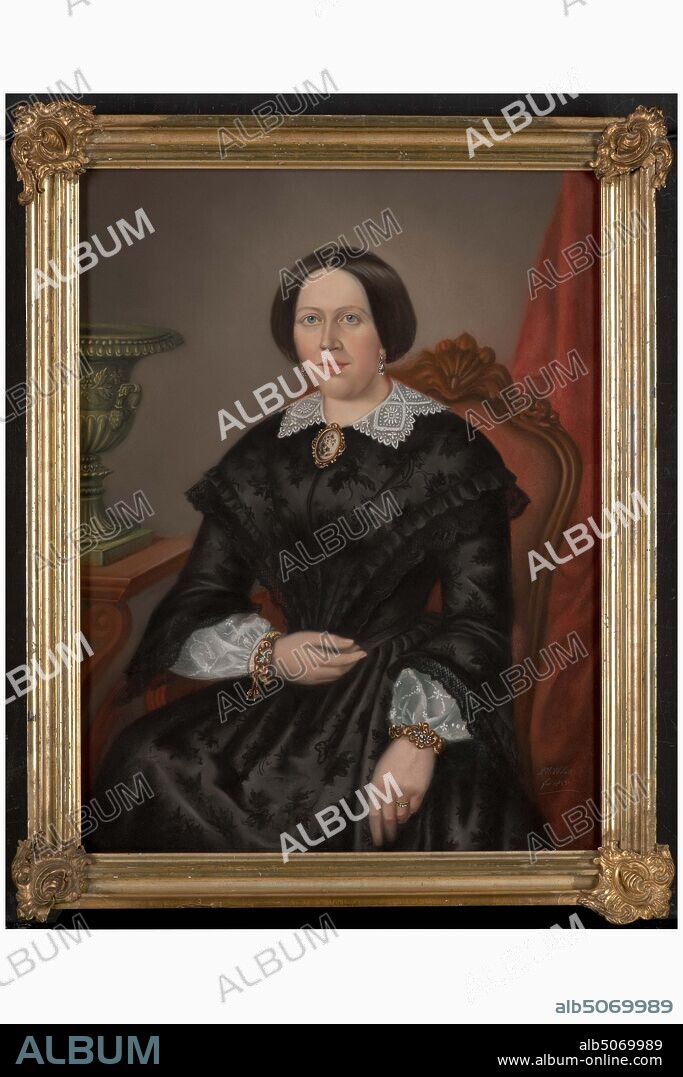 pastel, Adrianus Henricus van der Tak, 1855, Signature front, bottom right: AH. vd Tak Fec. 1855, pastel, cardboard, paper, signed, Carrier: 76 × 60.5 × 0.3cm (760 × 605 × 3mm), With frame: 83.5 × 67.5 × 6.5cm (835 × 675 x 65mm), woman's portrait, interior, Portrait of a woman: Cornelia Gerarda Maria van Trotsenburg. She is depicted sitting on an armchair, turned a little to the left and looking at the viewer. She is dressed in a high-necked, fitted black dress with woven floral motifs. Thin white sleeves can be seen under the flared sleeves. Along the neck she wears a white collar in points with an oval brooch with a floral pattern in the middle. Her right hand rests on the lap and the left arm on the seat back. She wears gold bracelets on both wrists. The woman has smooth hair cut back and she wears hanging earrings. On the right is a red draped curtain and on the left is a wooden table with a large green vase. The background is grayish. Signed bottom right. Pastel is in a gilded wooden frame and is behind glass, 1950.