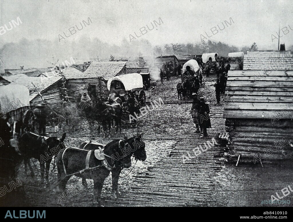 Winter quarters at Corduroy Road, a temporary road structure made of logs during the American Civil War (April 12, 1861 - May 9, 1865) a civil war in the United States between the Union states and the Confederacy states.