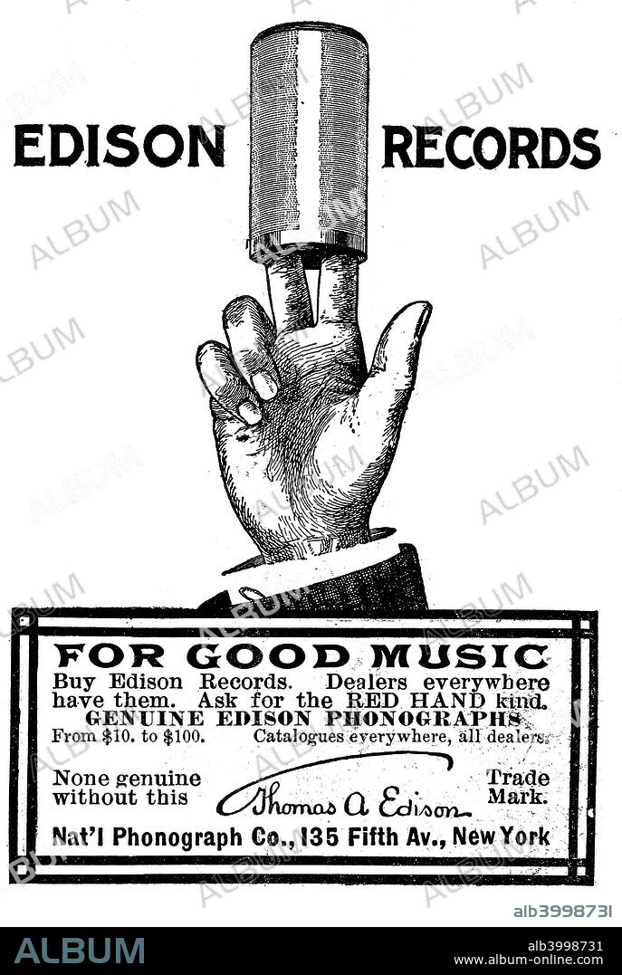 Advertisement for Edison phonograph cylinder recordings, 1900. From Scientific American. (New York, 1900). Thomas Edison (1847-1931) first demonstrated his phonograph for recording and replaying sound in November 1877. It was one of 1093 patents taken out by the prolific American inventor.