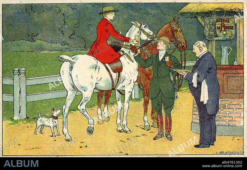 Un couple a cheval s'arrete pour deguster une biere. Carte publicitaire pour les bieres de la Meuse, vers 1925. Illustration par MATET JEAN (1873-1936). Credit : Collection IM/KHARBINE-TAPABOR.