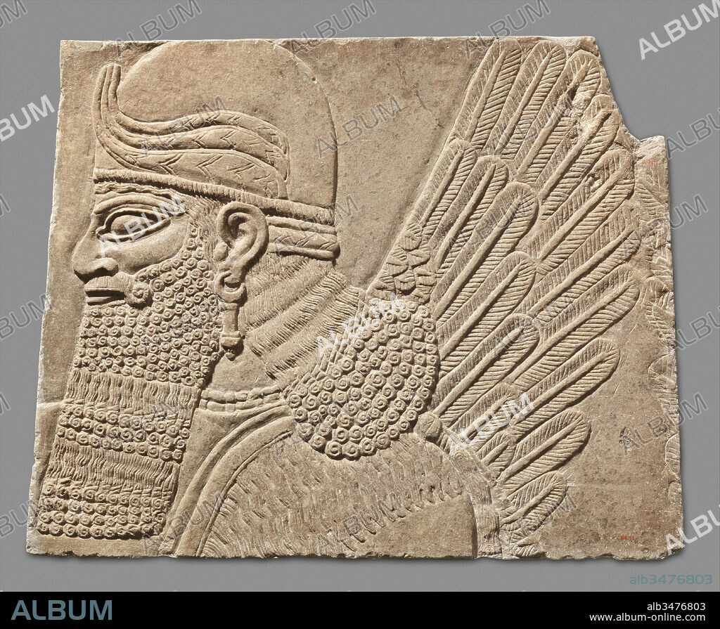 Relief panel, Neo-Assyrian, ca. 883–859 B.C., Mesopotamia, Nimrud (ancient Kalhu), Assyrian, Gypsum alabaster, 25 1/4 x 31 1/2 x 3 in., 140lb. (64.1 x 80 x 7.6 cm, 63.5kg), Stone-Reliefs, This panel from the Northwest Palace at Nimrud (ancient Kalhu) depicts a winged supernatural figure. Such figures appear throughout the palace, sometimes flanking either the figure of the Assyrian king or a stylized 'sacred tree.