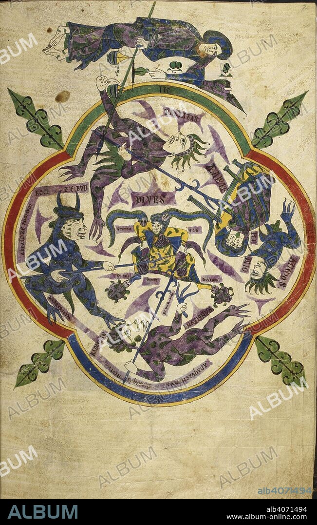 PETRUS, BEATUS OF LIÃ©BANA and DOMINICUS. Demons encircled. Silos Apocalypse. Spain (Silos), 1109. Source: Add. 11695, f.2. Language: Latin.