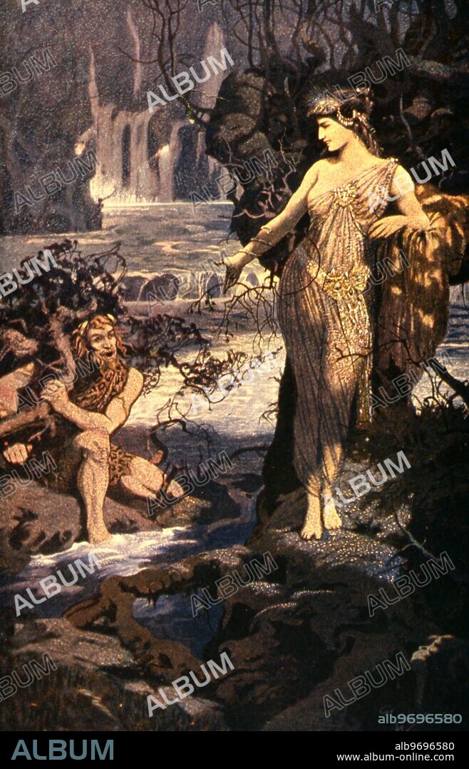 Babylonian Mythology. Enkidu being tempted by Ishtar . From the Epic of Gilgamesh - Enkidu is being tempted in order to fight Gilgamesh . After a painting by Wallcousins in ' Myths of Babylonia ' by Mackenzie , 1923.