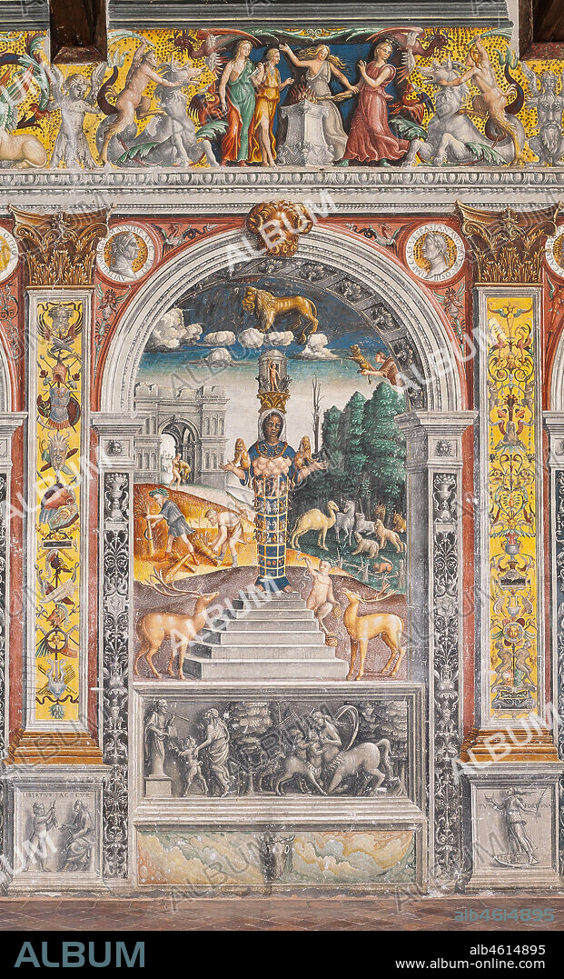 Mantua, Palazzo D'Arco, Sala dello Zodiaco (Chamber of the Zodiac): the astrological sign of Leo, with Diana standing on seven steps, two deers and a satyr as on a sarcophagus in Bleinhaim Palace. In the background, the Arco degli Argentari in Rome and Hercules struggling against the Nemean lion. Fresco by Giovan Maria Falconetto, about 1515.