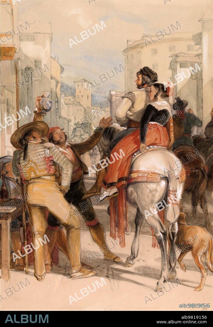 A Street Scene in Granada on Bullfighting Day, 1833, Spain, Painting by John Frederick Lewis, Historic, Digitally restored reproduction from a 19th century original
