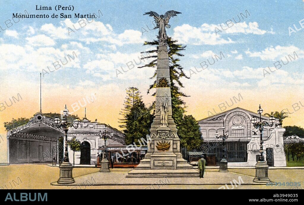 Monument to General San Martin, Lima, Peru, early 20th century. José Francisco de San Martín Matorras, also known as Jose de San Martín (1778-1850), was an Argentine general and the prime leader of the southern part of South America's successful struggle for independence from Spain.