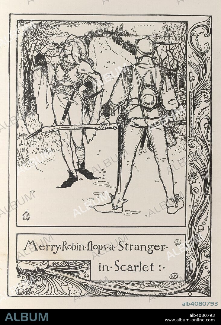 HOWARD PYLE. Merry Robin stops a stranger in scarlet.. Robin Hood and Will Scarlet. The Merry Adventures of Robin Hood ... Illustrated. Sampson Low & Co.: London, 1883. Source: 558*.b.31, opposite 90. Language: English.
