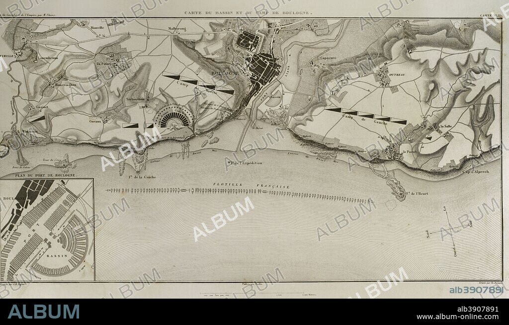 Map of Boulogne-sur-Mer. In French coast on the English Channel. it was a staging area for Napoleon's troops for several months in 1805, during his planned invasion of the United Kingdom. Atlas de l'Histoire du Consulat et de l'Empire. History of the Consulate and the Empire of France under Napoleon by Marie Joseph Louis Adolphe Thiers (1797-1877). Drawings by Dufour, engravings by Dyonnet. Edited in Paris, 1864.