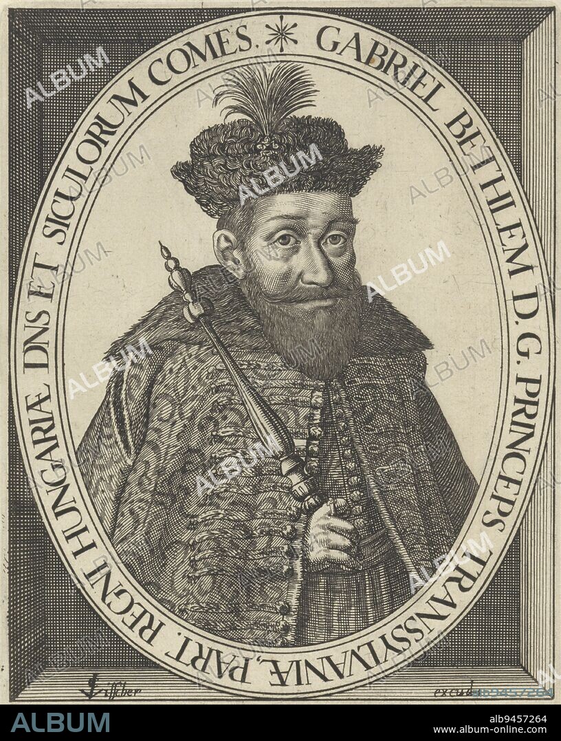 Gabriel Bethlem, prince of Transylvania, holding a scepter His portrait is framed in an oval frame in which his name and titles appear, Portrait of Gabriel Bethlem, print maker: anonymous, publisher: Claes Jansz. Visscher (II), (mentioned on object), Amsterdam, 1612 - 1652, paper, etching, engraving, h 172 mm × w 123 mm.