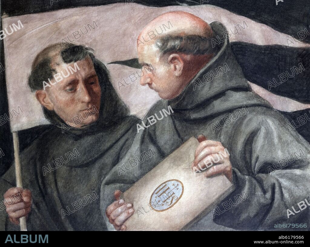 MANUEL GOMEZ MORENO GONZALEZ (1834-1918). SANTOS FRANCISCANOS - ACUARELA SOBRE PAPEL -  SIGLO XX - 25x35.