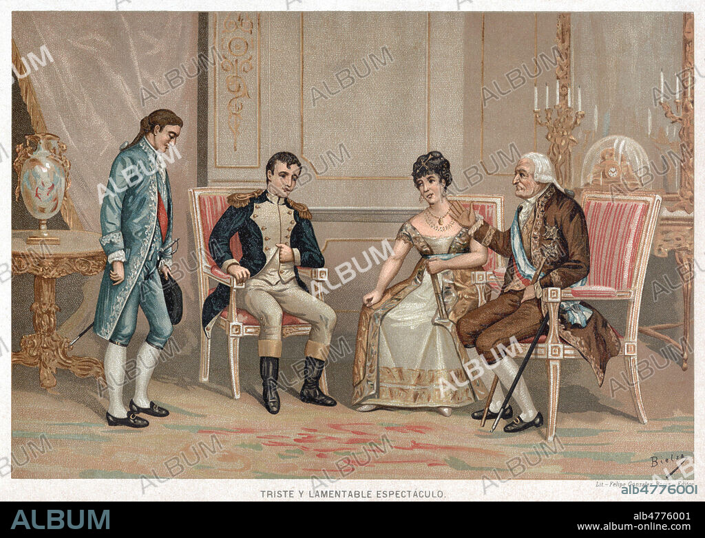 Triste et lamentable spectacle. Entrevue de Bayonne le 5 mai 1808. CARLOS IV (1748-1819) abdique en faveur de NAPOLEON 1er. (1769-1821). Illustration de BIELSA pour Historia des Espana vers 1885. Credit : Coll. Jonas/Kharbine-Tapabor.
