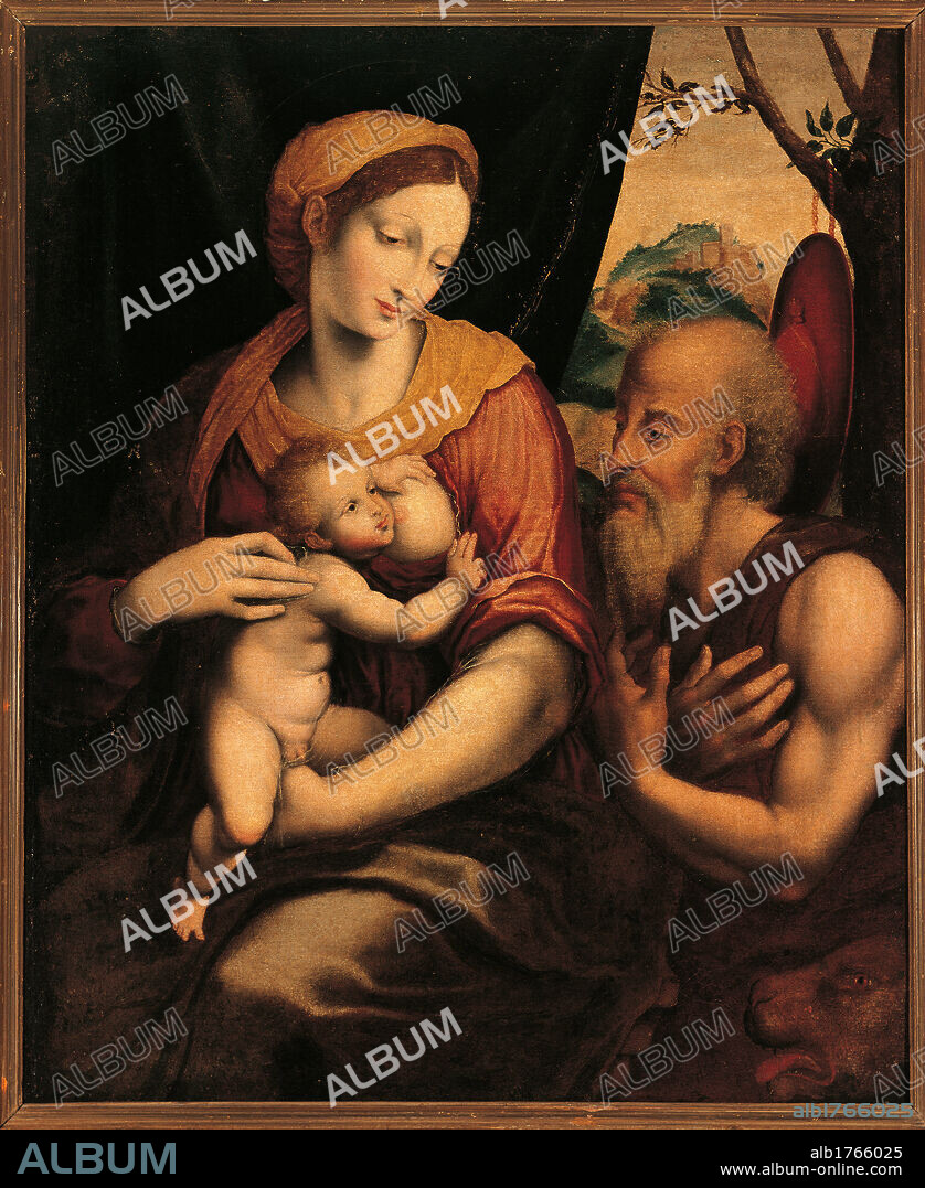 The Virgin and Child Adored by St Jerome, by Morales Luis de, about, 16th Century, cm 86 x 71. Italy, Lazio, Rome, Palazzo Koch, Gualino collections. Sacred Conversation Virgin Madonna St Mary Baby Child Jesus St Jerome landscape Virgin light shade lion plants rock.