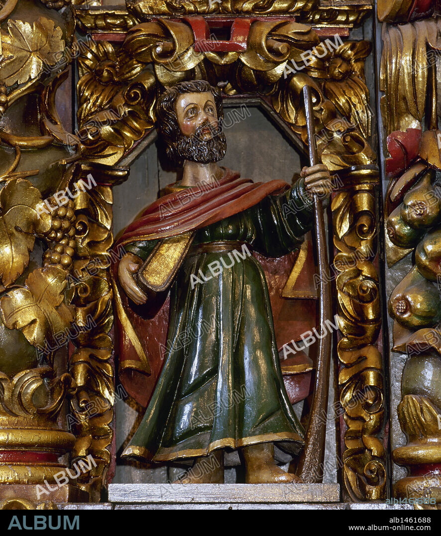Spain, Galicia, Province of La Coru–a, San Andres de Teixido (Santo Andre de Teixido). Sanctuary. Baroque altarpiece, 18th century, on the main altar, by Miguel Lopez de la Pe–a. Image of one of the twelve apostles depicted.