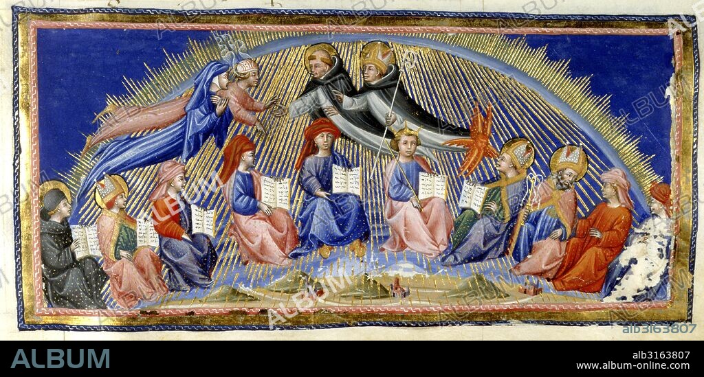 DANTE ALIGHIERI. Paradiso, Canto X. Beatrice and Dante hover beside the Heaven of the Sun meet those distinguished for their wisdom.They are greeted by St.Thomas Aquinas with Albertus Magnus. Seated below are ten representatives of wisdom; Bede, St. Ambrose, Isidore of Seville, Dionysius the Areopagite, Solomon, Boethius, Gratian, Peter Lombard, Richard of St. Victor and Siger of Brabant. Divine Comedy. Italy [Tuscany]; circa 1450. Source: Yates Thompson 36, f.147. Language: Italian.