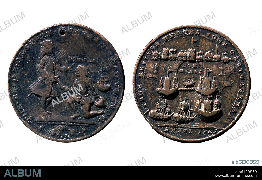 MEDALLA DE LORD VERNON, SERIE DE MONEDAS ACUÑADAS PARA CONMEMORAR LA INEXISTENTE VICTORIA DE LOS INGLESES SOBRE LOS ESPAÑOLES EN CARTAGENA INDIAS.