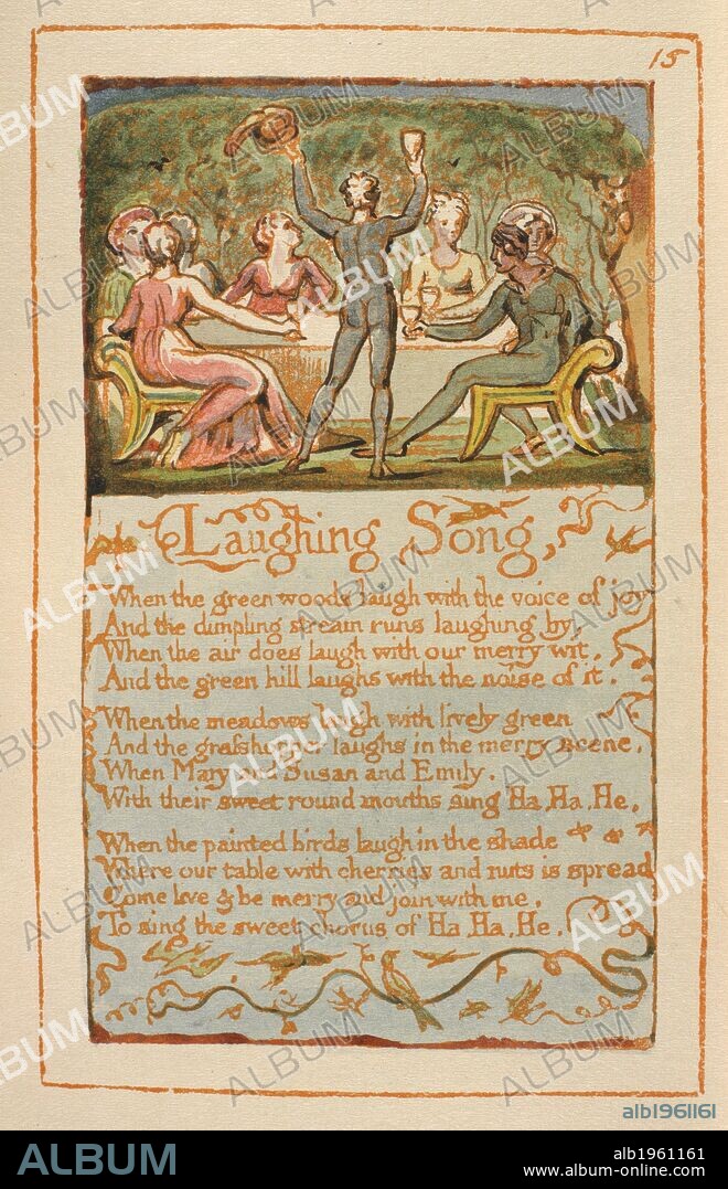 WILLIAM BLAKE. Laughing song. Songs of Innocence and of Experience. H. Young & Sons: Liverpool, 1923. Laughing song. Illustrated poem  Image taken from 'Songs of Innocence and of Experience. [A facsimile of a coloured and gilded copy of the first edition.].'  Published by H. Young & Sons: Liverpool, 1923 . Source: C.71.d.19, page 15. Language: English.