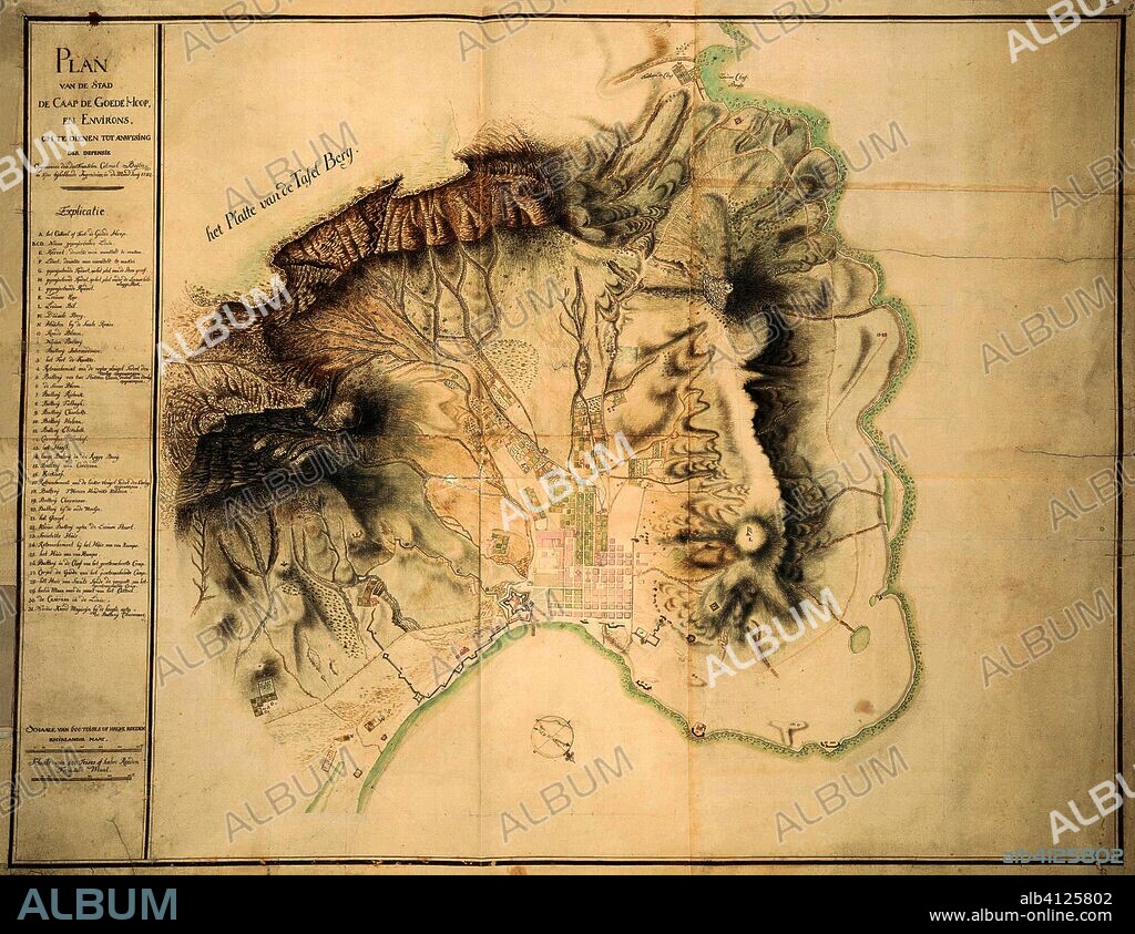 Map of Cape Town and surroundings. Draughtsman: Robert Jacob Gordon (attributed to). Draughtsman: Johannes Schumacher (possibly). Dating: Jun-1782. Place: Kaapstad. Measurements: h 1200 mm × w 2390 mm.