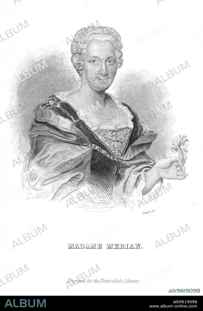 WILLIAM HOME LIZARS. Maria Sibylla Merian, German naturalist and flower painter. Maria Sibylla Merian (1647-1717) distinguished herself with her illustrations of plants, insects and animals drawn from life. In 1700, when aged 52, she travelled to Surinam in South America, publishing the illustrations of the plants and insects she saw in Metamorphosis Insectarum Surinamensium in 1705. Her work was admired by prominent naturalists such as Hans Sloane and Linnaeus, as well as the Emperor Peter the Great of Russia, who purchased many of her paintings.