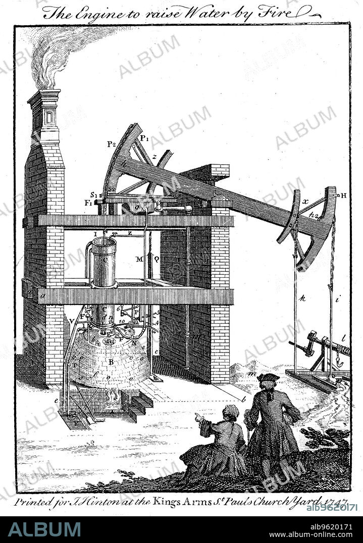 Newcomen steam engine, 1747. Thomas Newcomen (1663-1729) designed his atmospheric or 'steam' engine in 1712.  Water was heated in the boiler and the resulting steam was let into the cylinder, pushing up the piston. The steam was then condensed, bringing down the piston. The piston rocked the beam which worked the pump. It was safer and more effective than the earlier Savery engine and was widely used to drain water out of mines. From The Universal Magazine, London, 1747, based on Beighton's 1717 engraving of engine at the Griff mine near Nuneaton, Warwickshire.