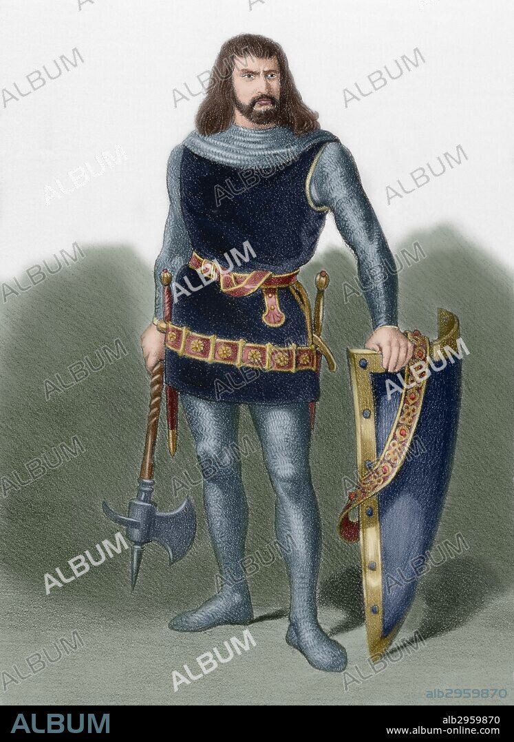 BERA (siglo IX). Primer conde de Barcelona (801-820) de obediencia carolingia, de orígen godo. Destacó contra los sarracenos, a los que derrotó en las orillas del río Ebro. Nombrado primer duque beneficiario de Septimania. Grabado de "Historia de España Ilustrada", del siglo XIX. Coloreado.