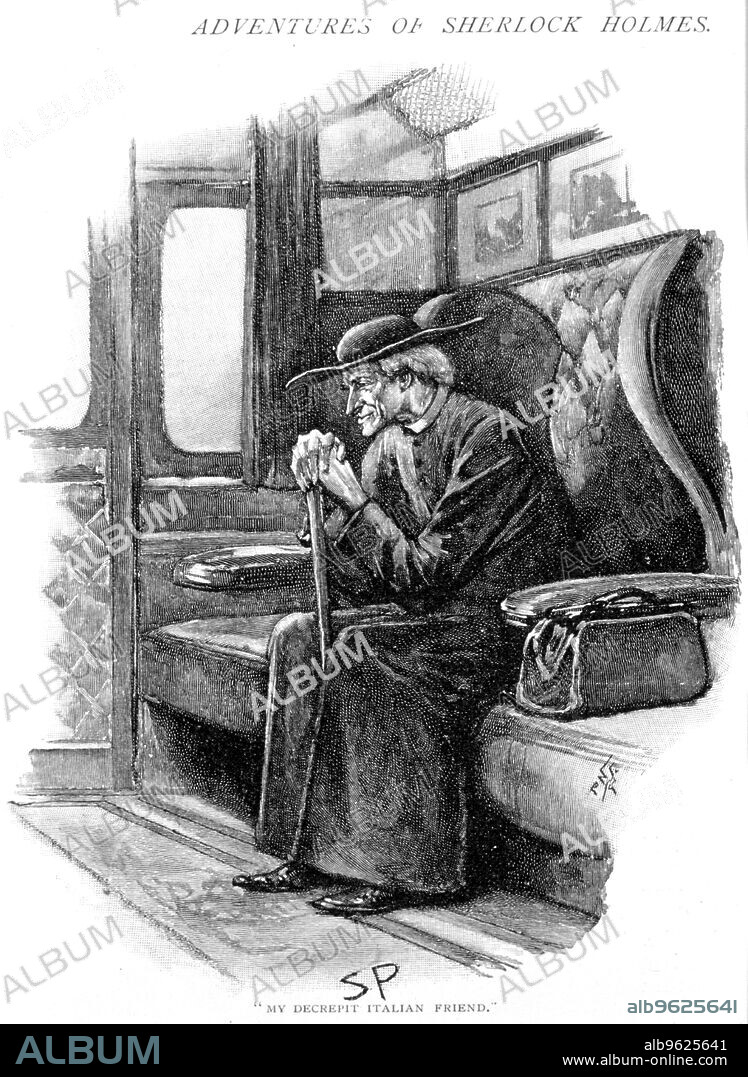 Scene from The Adventure of the Final Problem by Arthur Conan Doyle, 1893. Illustration by Sidney E Paget, the first artist to draw Sherlock Holmes. Holmes, disguised as an old Italian priest, waiting for the boat train to pull out of Victoria Station, London. From Strand Magazine. (London, 1893).