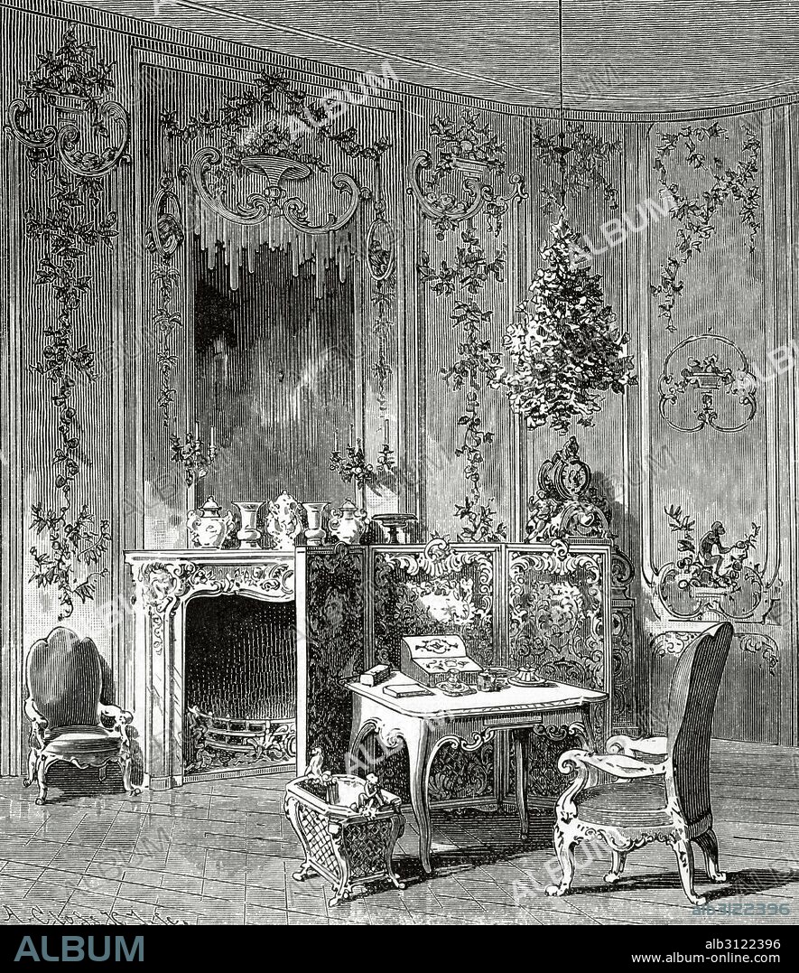 Voltaire (Francois Marie Arouet) (1694-1778). French philosopher and writer. Voltaire's room in the Sanssouci Palace in Potsdam. Engraving by A. Closs. Universal History, 1885.