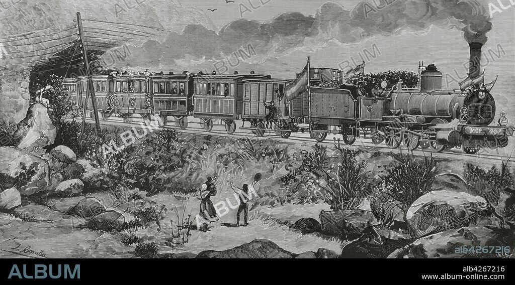 Spain. King Alfonso XII (1857-1885) inaugurated the Madrid-Lisbon railway line on October 8, 1881. Inaugural train. Composition and illustration by Juan Comba. Engraving by Vela. La Ilustracion Espa–ola y Americana, 1881.