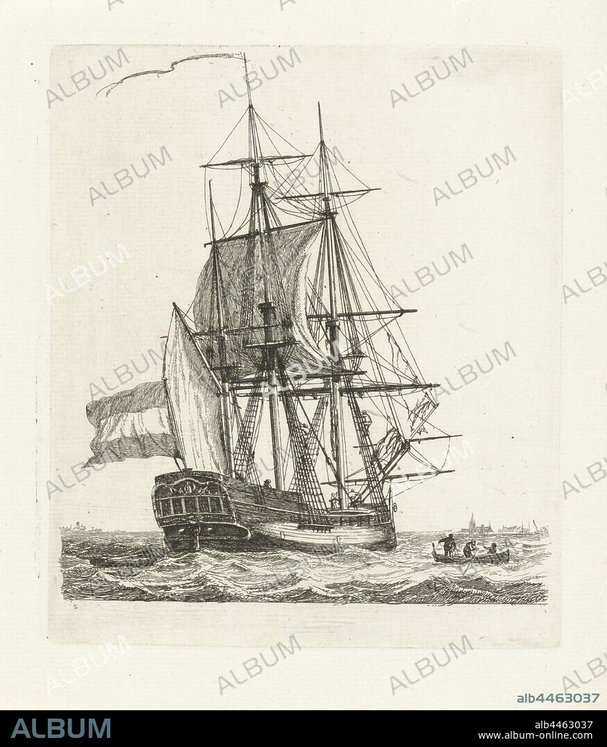 Three-mast with two figures in the ropes Different ships series E (series title), A three-master with several figures and a flag. Two of the figures climb the mast through the ropes. There are three figures on the deck. A sloop hangs behind the sailing ship. A rowing boat with three figures is shown on the right. On the right in the background you can see the contours of a church and other buildings. This print is part of a series of twelve prints with different sailing ships., Ships (in general), Gerrit Groenewegen, Rotterdam, 1790, paper, etching, h 150 mm × w 130 mm.