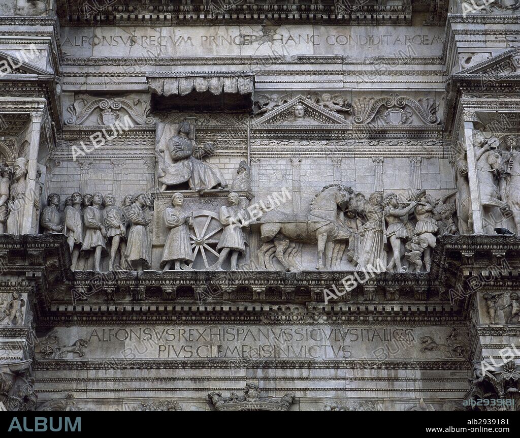 Alfonso V of Aragon (1396-1458). King of Aragon, Naples and Sicily. Detail of a triumphal arch depicting a quadriga carrying the king Alfonso V of Aragon (1396-1458) in their entrance to Naples, 1443. By Francesco Laurana (1430-1502), 1452-1456. Castel Nuovo. Naples. Italy.