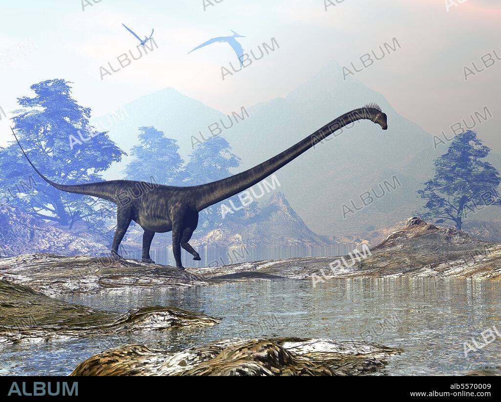 Barosaurus dinosaur walking alongside a watering hole in a prehistoric environment.