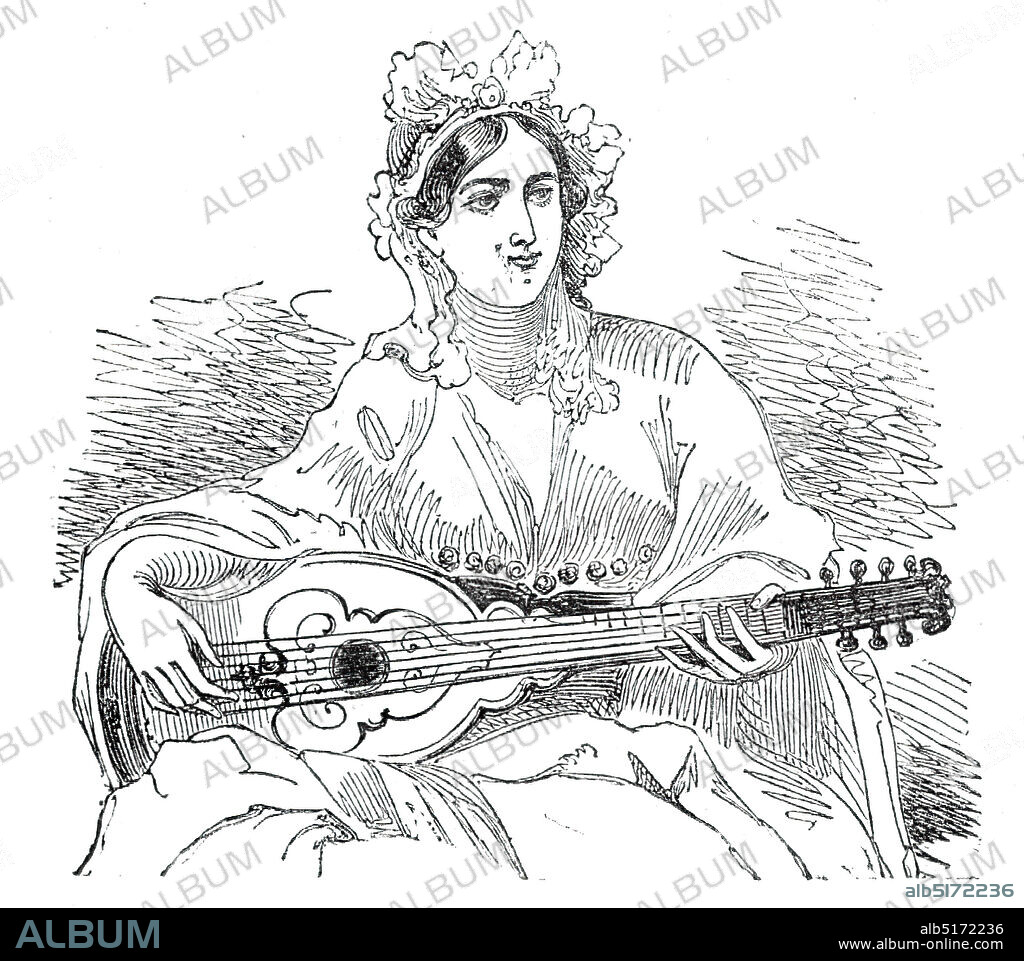 Singing woman of the harem, 1844. North African female musician: '...the harem, that favourite and almost sole seat of oriental luxury, which is generally inaccessible, and can only, by some particular chance, be seen by Europeans'. From "Illustrated London News", 1844, Vol V.