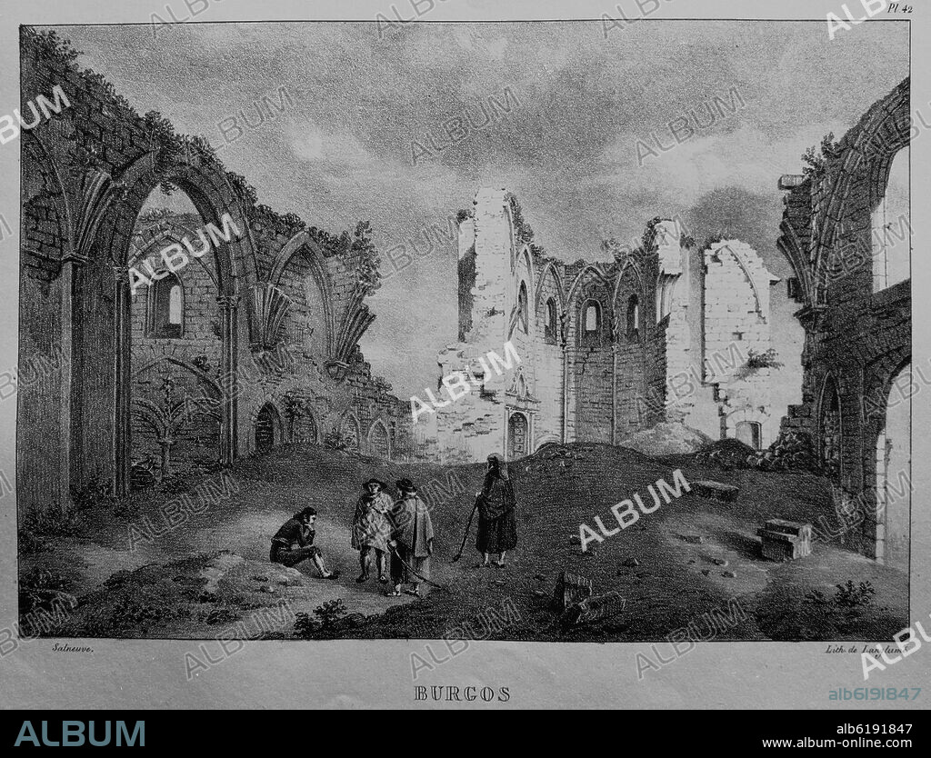 JEAN FELIX SALNEUVE DIB / PIERRE LANGLUME LITOGRAF. BURGOS - RUINAS DE LA IGLESIA DEL FUERTE - GRABADO SIGLO XIX.