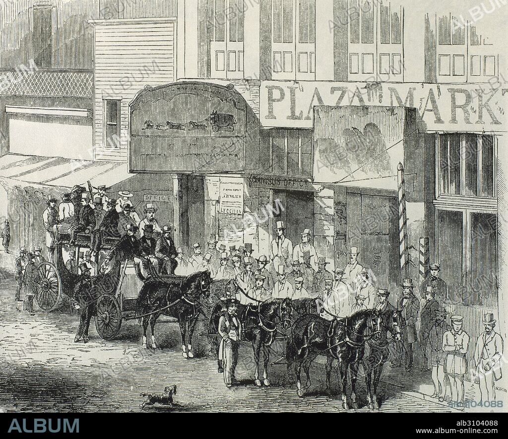 HISTORIA DE LOS ESTADOS UNIDOS. SIGLO XIX. DILIGENCIA-CORREO PARTIENDO DE LA CIUDAD DE SAN FRANCISCO EN EL AÑO 1858. Grabado del "Harper's Weekly" (año 1858) que fue realizado a partir de una fotografía de la época.