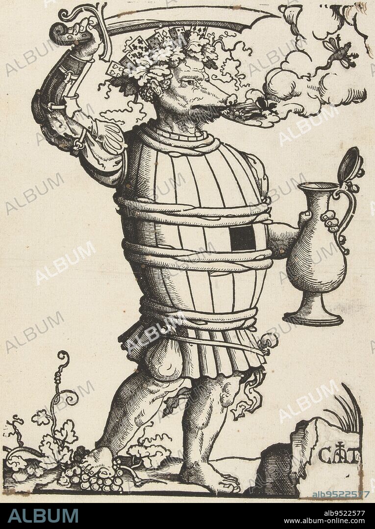 The Playing and Wine Devil, Cornelis Anthonisz., 1535 - 1553, Monster with wine barrel around body and playing cards on head. In right hand sword, in left hand drinking cup. From its mouth come insects and smoke., print maker: Cornelis Anthonisz., (mentioned on object), Low Countries, 1507 - 1553, paper, pen, h 317 mm × w 219 mm.