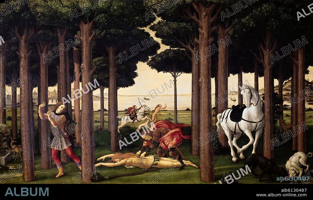 SANDRO BOTTICELLI. HISTORIA DE NASTAGIO DEGLI ONESTI - CUADRO II - HACIA 1483 - O/L 138x82 - NP 2839 - RENACIMIENTO ITALIANO.