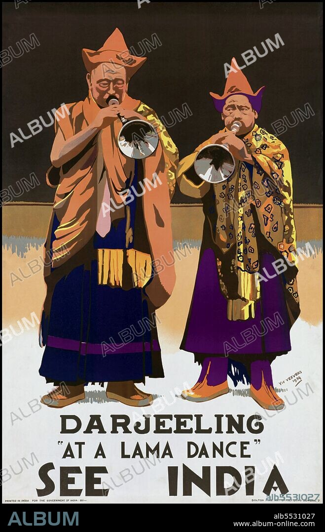 India: 'See India' Darjeeling - 'At a Lama Dance', vintage travel poster, Government of India. Victor Veevers (1903 - 1970), Bombay, 1934. Darjeeling is a town in the Indian state of West Bengal. It is located in the Mahabharat Range or Lesser Himalaya at an average elevation of 6,710 ft (2,045.2 m). It is noted for its tea industry and the Darjeeling Himalayan Railway, a UNESCO World Heritage Site. Darjeeling is the headquarters of Darjeeling district which has a partially autonomous status within the state of West Bengal.