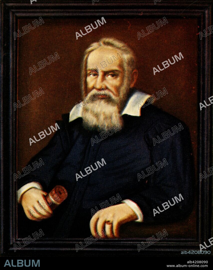 'Galileo Galilei', (1933). Portrait of Italian astronomer, physicist, engineer, philosopher and mathematician Galileo (1564-1642). Galileo played a major role in the scientific revolution. His achievements include improvements to the telescope and consequent astronomical observations, and support for Copernicanism. Galileo has been called the father of modern observational astronomy, the father of modern physics, the father of science and the father of modern science. From "Gestalten Der Weltgeschichte", a book of cigarette-card portrait miniatures of figures in world history from the last four hundred years. [Germany, 1933].