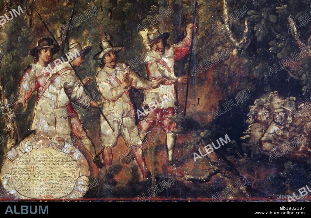 CONQUISTA DE MEXICO (1519). "HALLAN CUATRO ESPAÑOLES EL TESORO Y NO SE LO LLEVAN". Detalle del cuadro enconchado de Miguel González de 1698. Museo de América. Madrid. España.